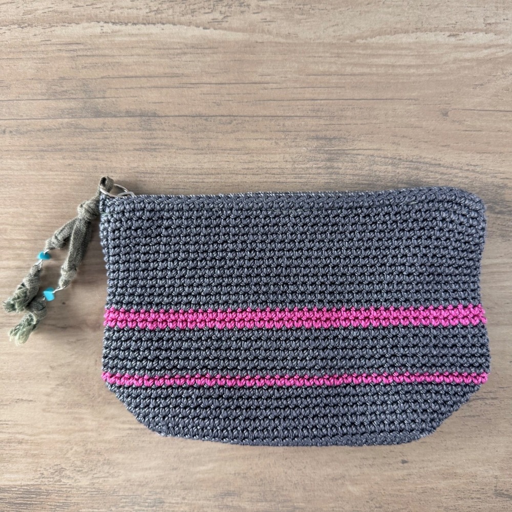 The Sak Makeup Bag Pouch Gray Pink Stripe Crochet Top Zip Turquoise Bead Pull